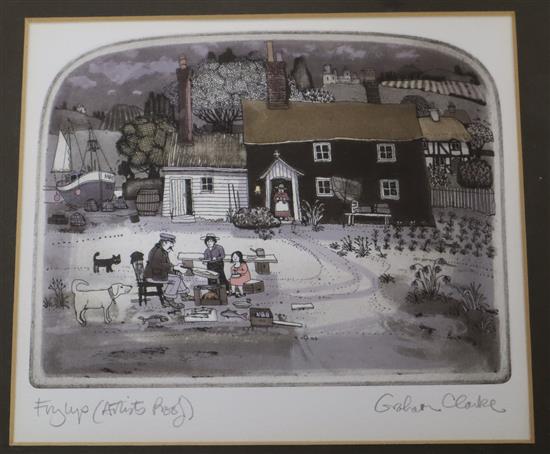 Graham Clarke, 3 coloured aquatints, Skippers, Googly and Frylys, signed in pencil, 13 x 17cm